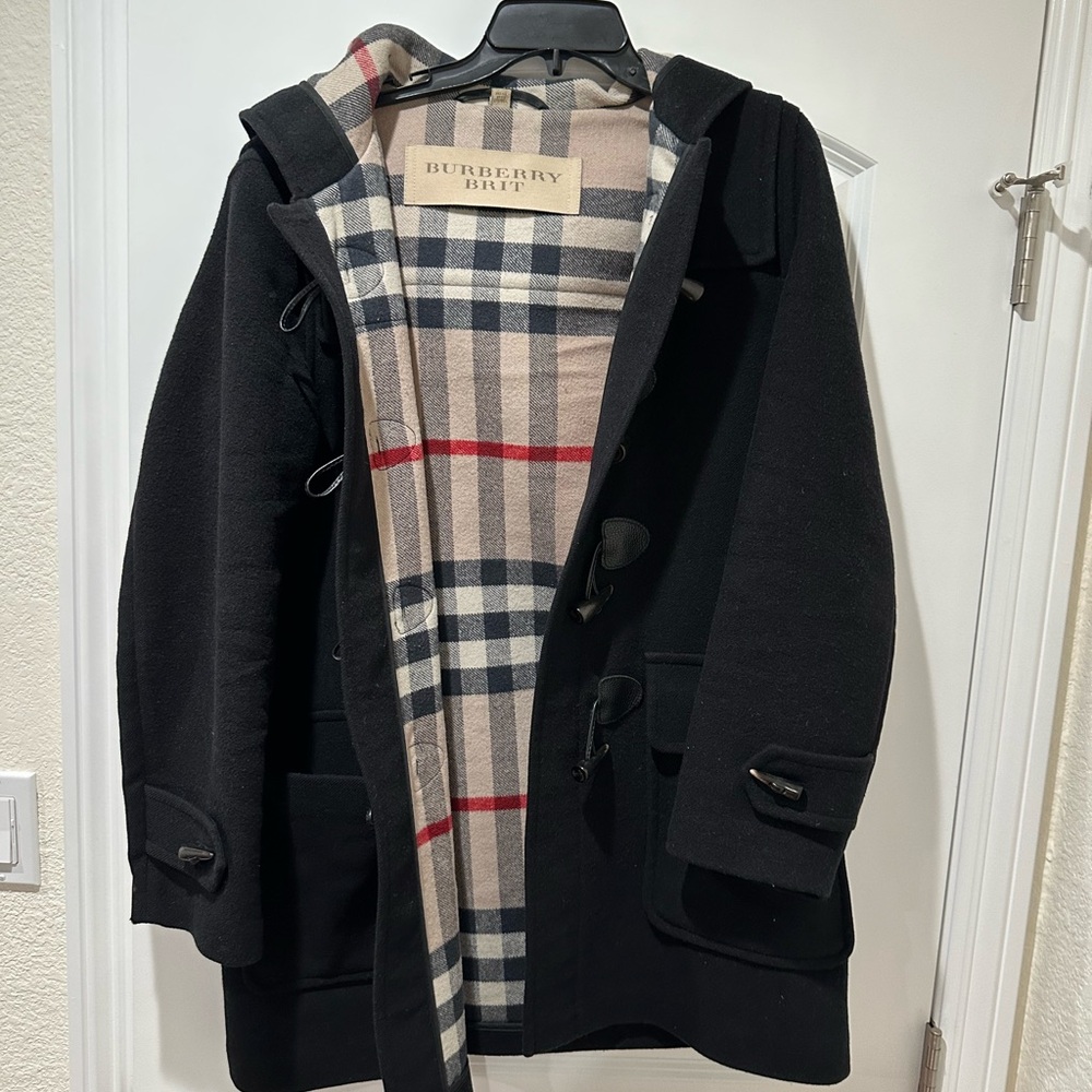 Burberry Black Trench Coat Timeless Elegance 100% Wool Women size US12 175/96A